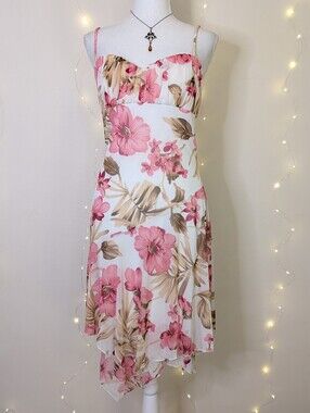 Y2K Pink Floral Mesh Handkerchief Hem Dress